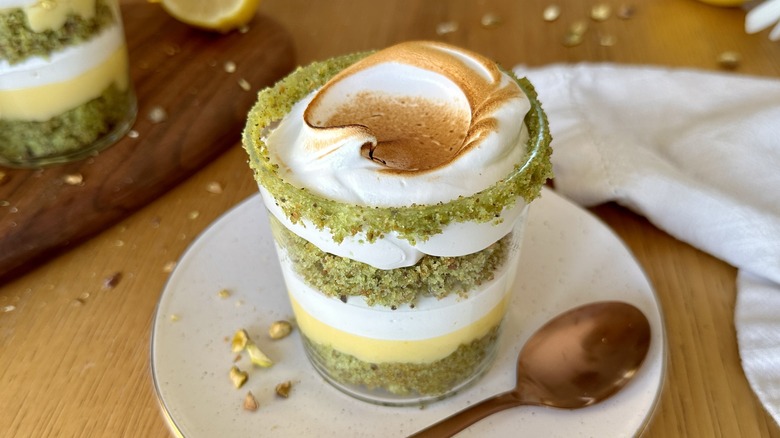 Serving Mini Lemon Pistachio Meringue Trifle