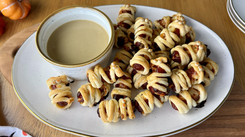 Miniature Cheesy Hot Dog Mummies With Dijon Dipping Sauce Recipe