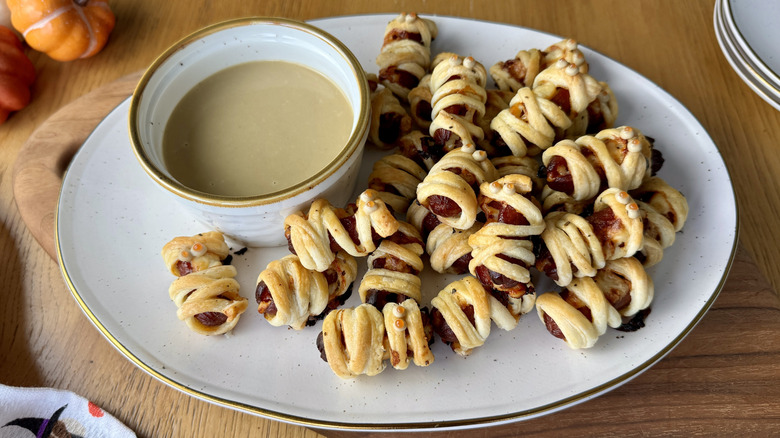 Miniature Cheesy Hot Dog Mummies With Dijon Dipping Sauce Recipe