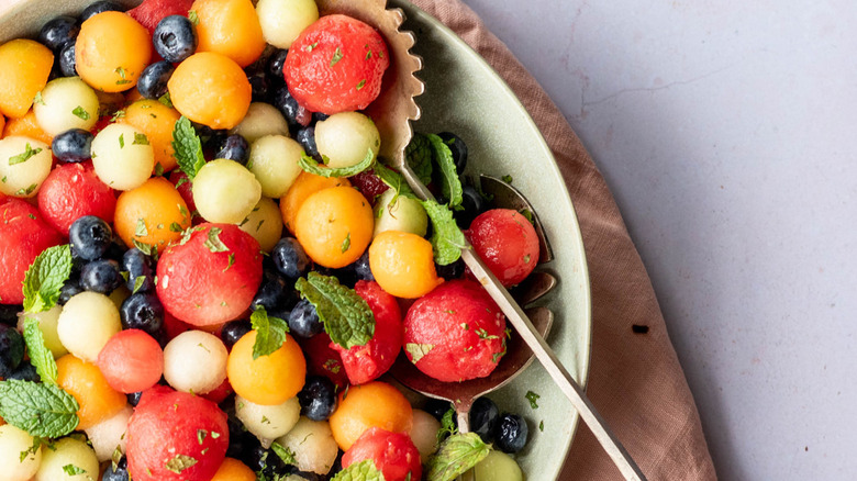 fruit salad in white bowl