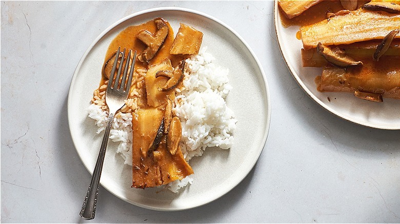 braised parsnip and rice on plate