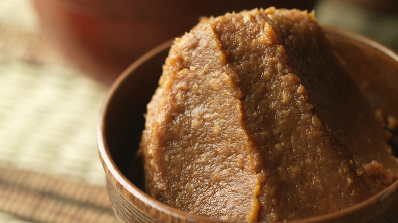 Close-up of red miso in a bowl