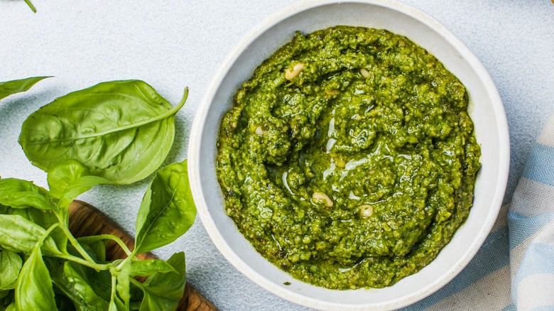 Overview of a bowl of pesto