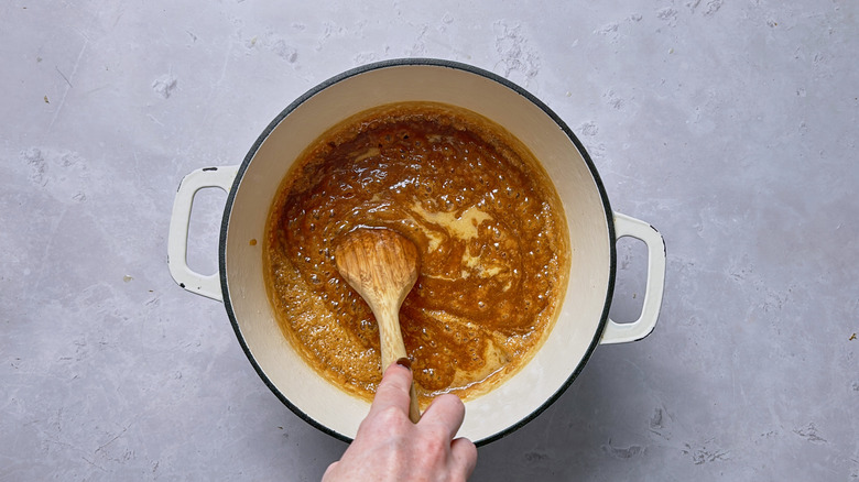 stirring miso into caramel