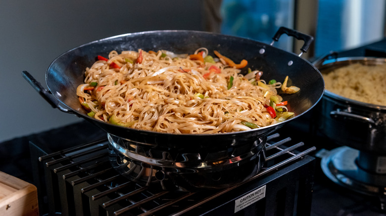 Pan filled with noodles