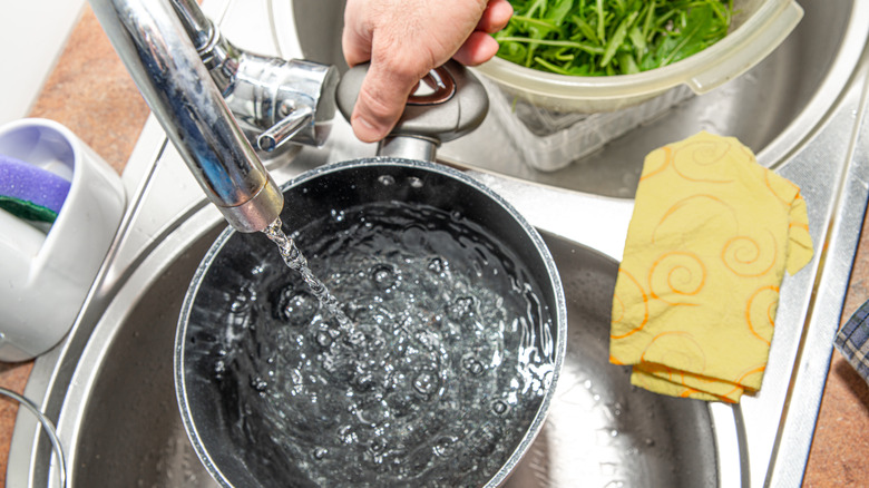 Person adding water to pot