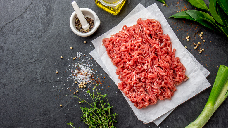 Raw ground beef on paper