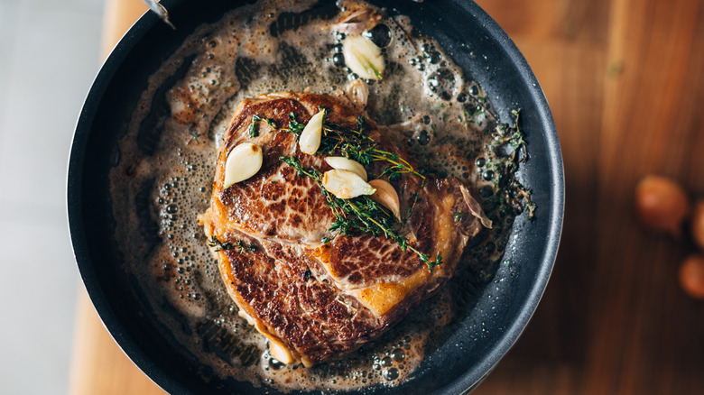 searing a steak 