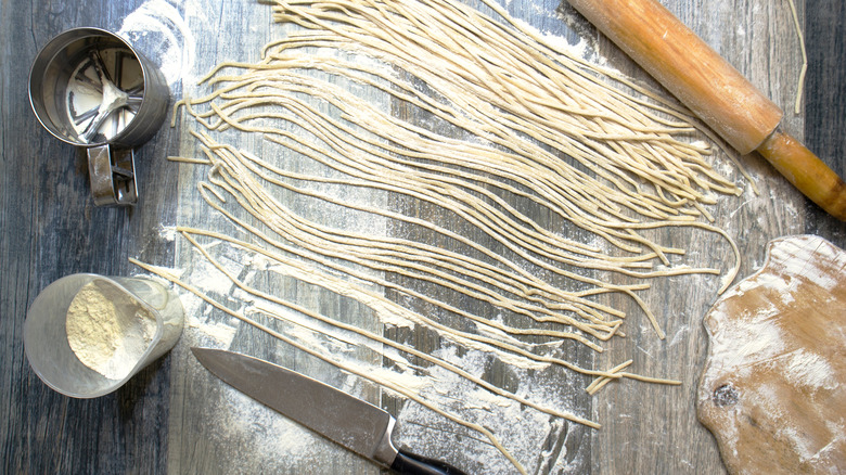 ramen noodles on a wooden surface