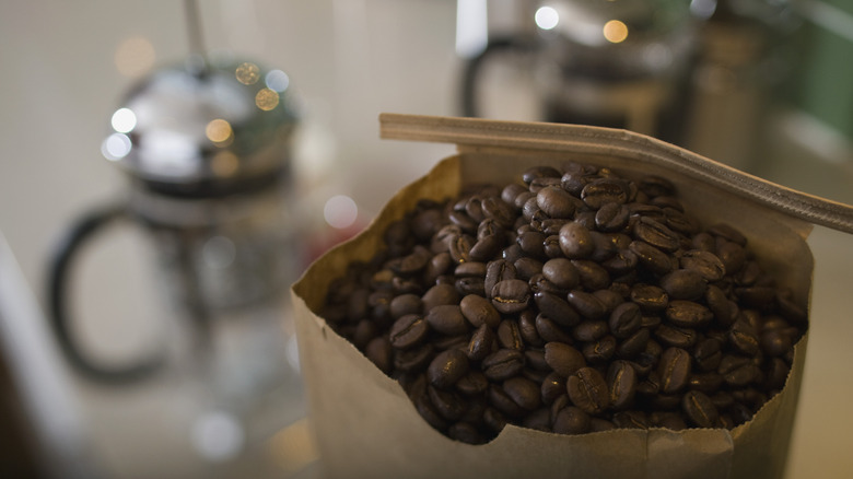 Coffee beans in brown bag