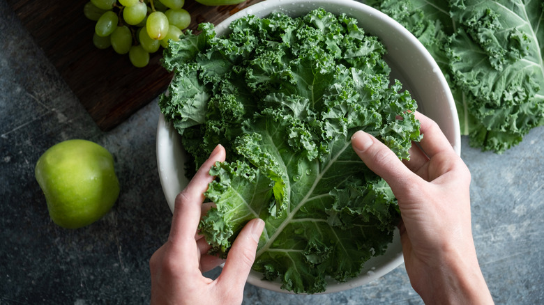 Kale leaves in a bowl with an apple and grapes in the background