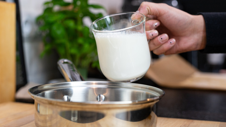 woman pouring milk into sauce pan