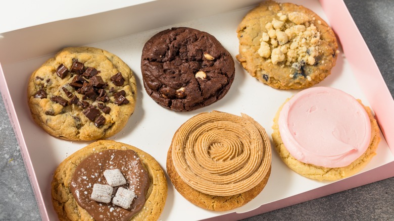 A box of six Crumbl cookies