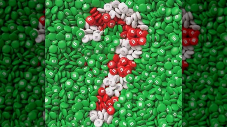 Christmas M&M's displayed in a candy cane