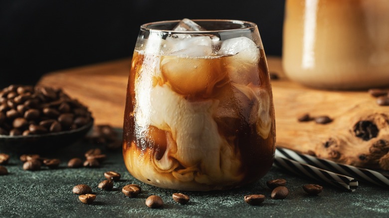 Iced coffee drink with coffee beans