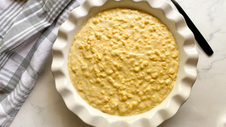 unbaked corn casserole in pan