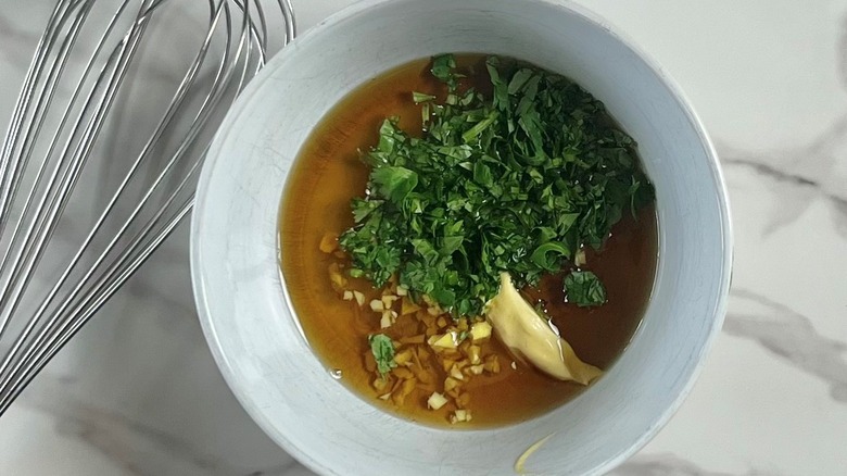 vinaigrette ingredients in white bowl