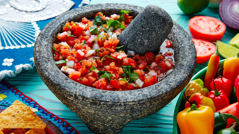 Pico de gallo in a molcajete