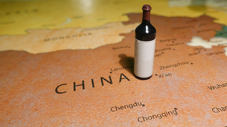 Bottle of wine on a map of China