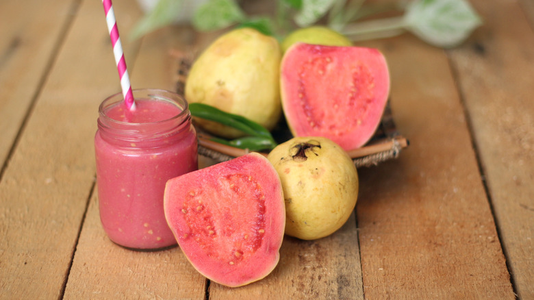 Yellow and pink guavas