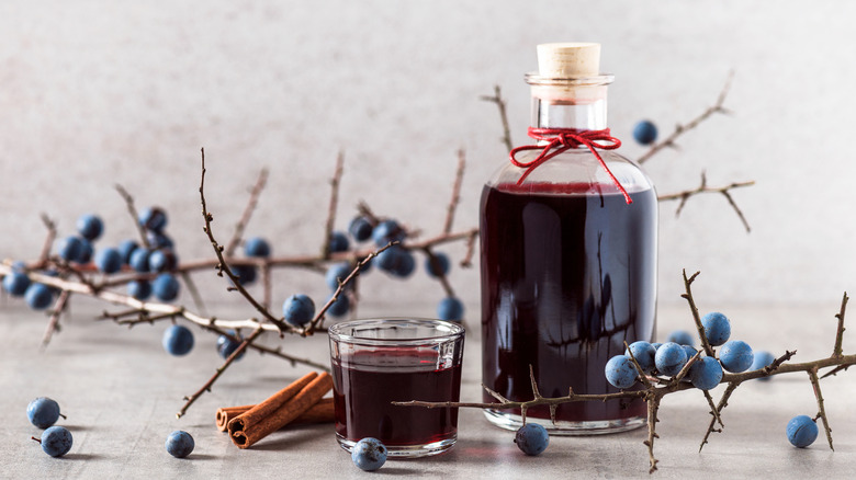 Sloe gin surrounded by sloe 