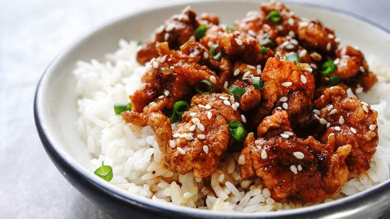 Sesame chicken over rice