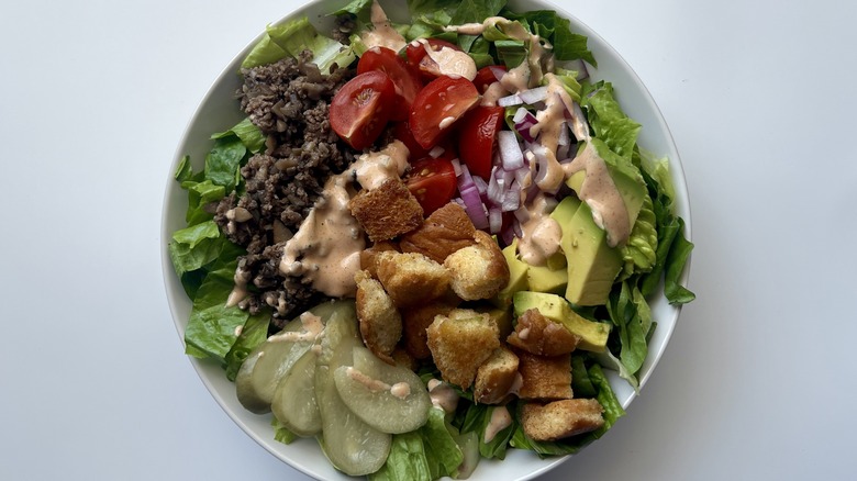 burger bowl with various toppings