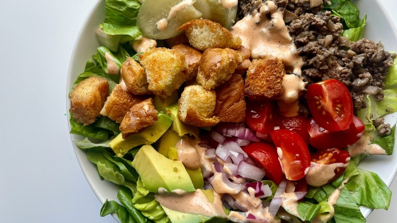 burger bowl with various toppings