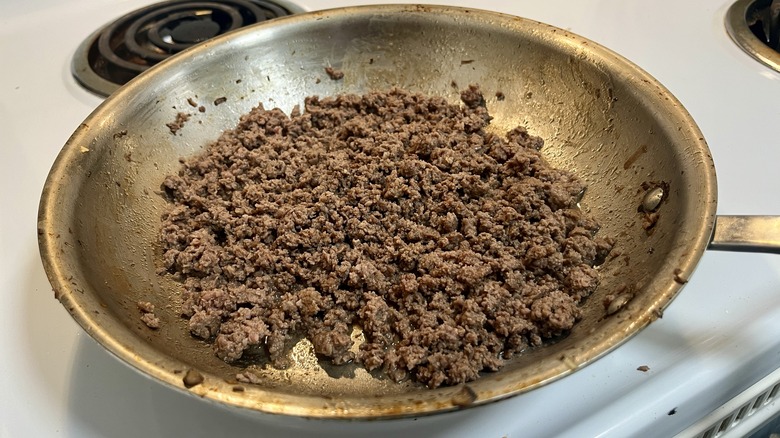 cooked beef in skillet