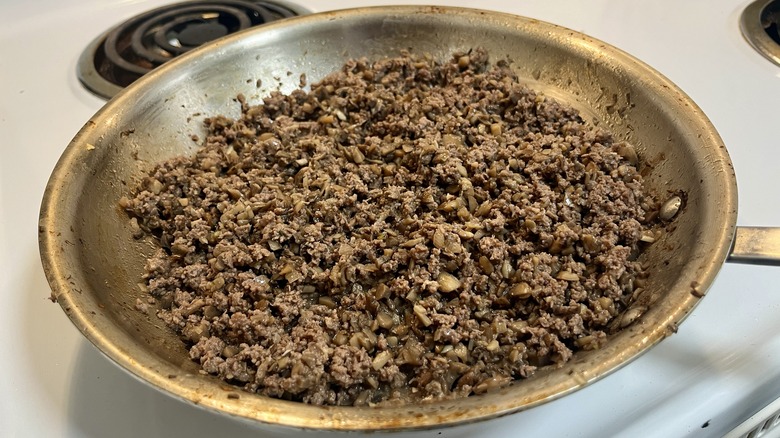 beef mushroom mixture in skillet