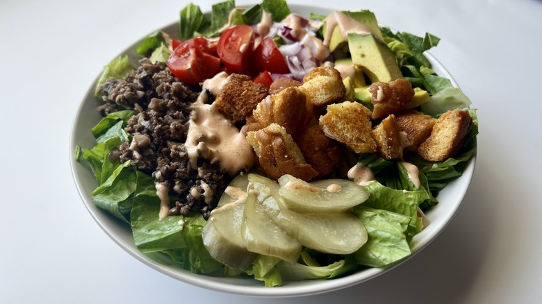 burger bowl with various toppings