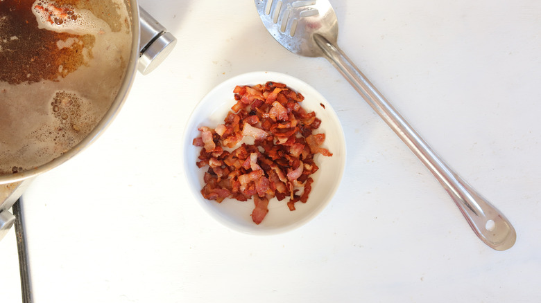crispy bacon in white bowl