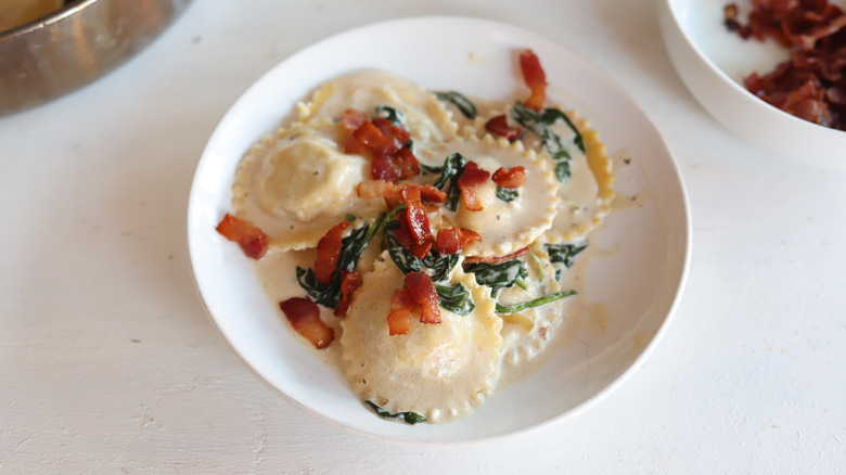 mushroom ravioli with bacon and spinach