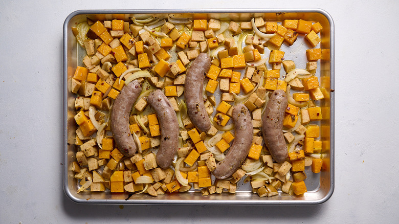 roasted sausage on sheet tray