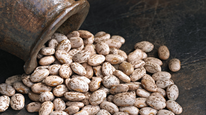 dried pinto beans pouring from earthenware jar