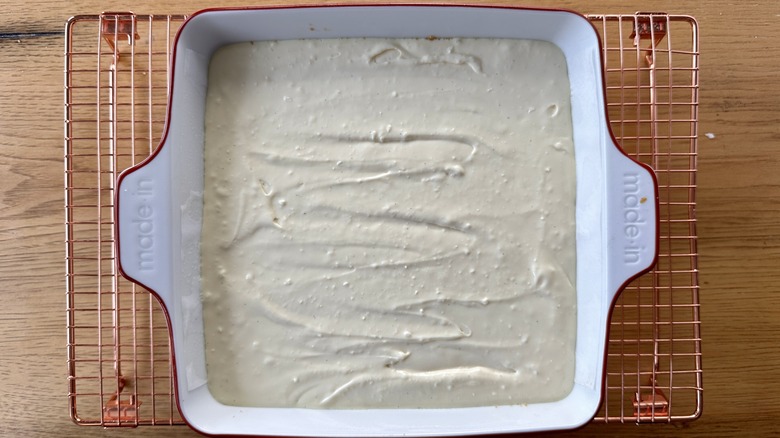 Cheesecake batter in baking dish