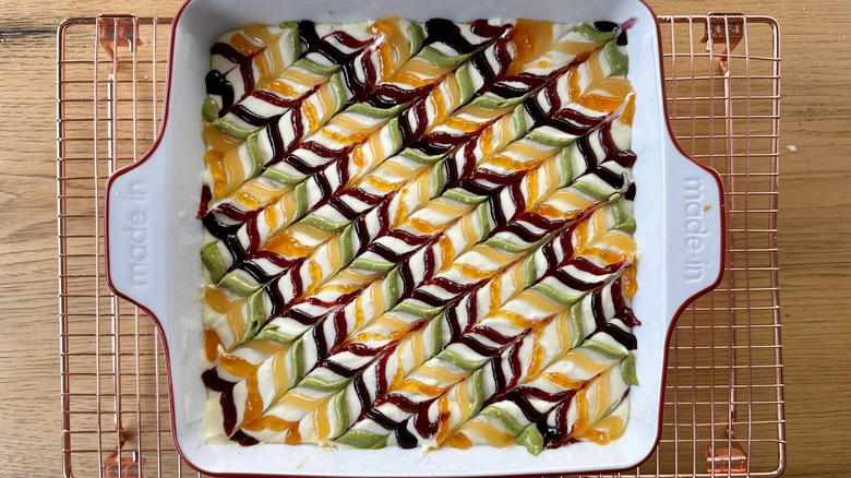 Rainbow pattern on cheesecake bars