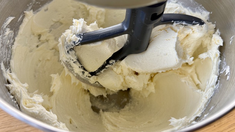 Cream cheese and sugar in mixer