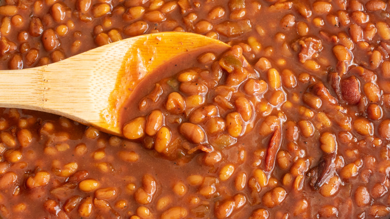 Bourbon baked beans in skillet