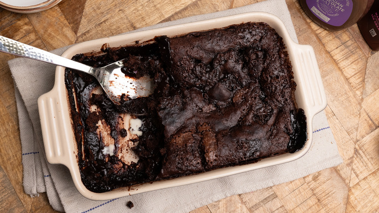 chocolate cobbler in baking dish