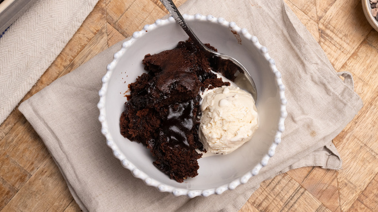 chocolate cobbler and ice cream in bowl