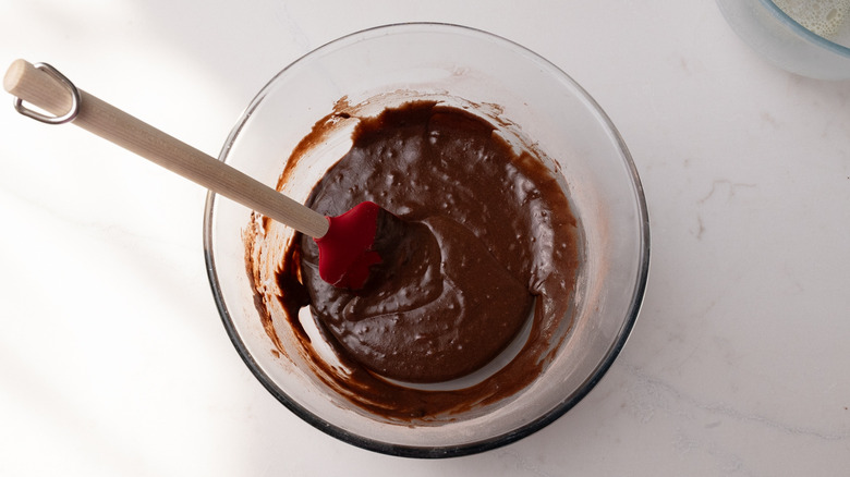 chocolate cobbler batter in bowl