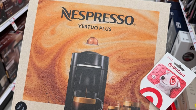 Nespresso VertuoPlus machine in box with target giftcard