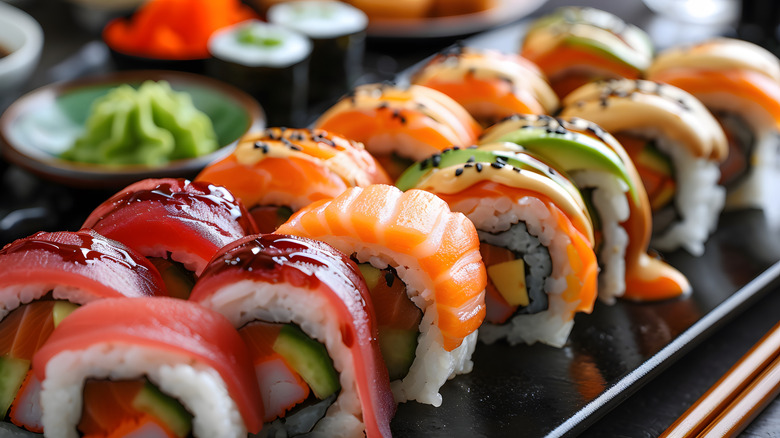 assortment of multicolored sushi lined up