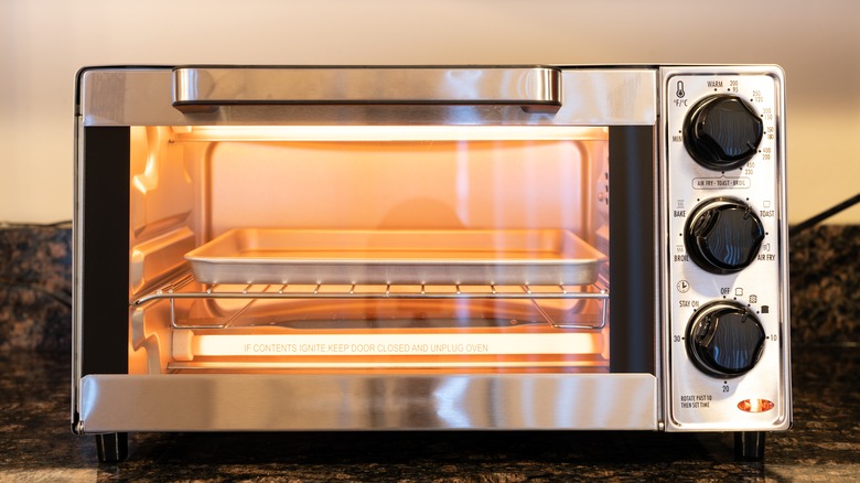 A toaster oven lit up