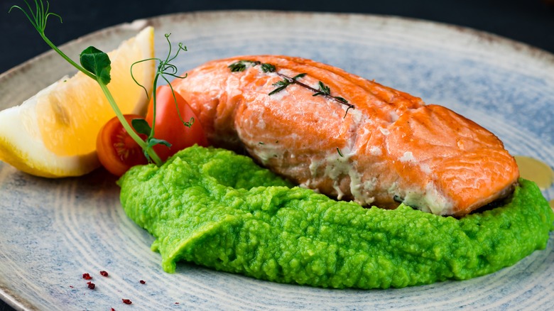 salmon and smashed peas