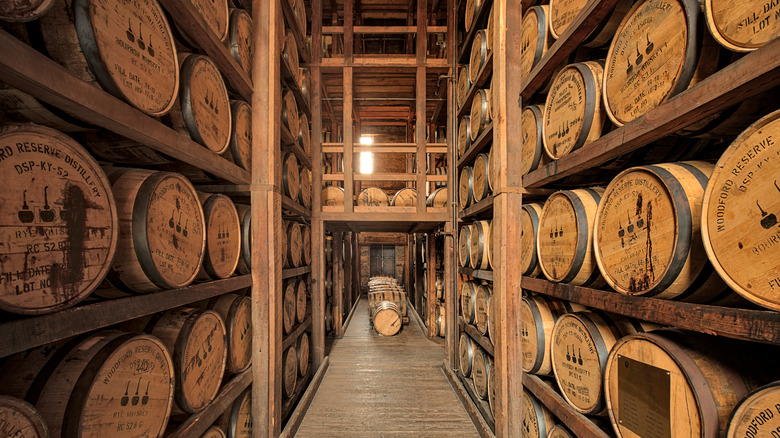 Woodford reserve white oak bourbon barrels on racks