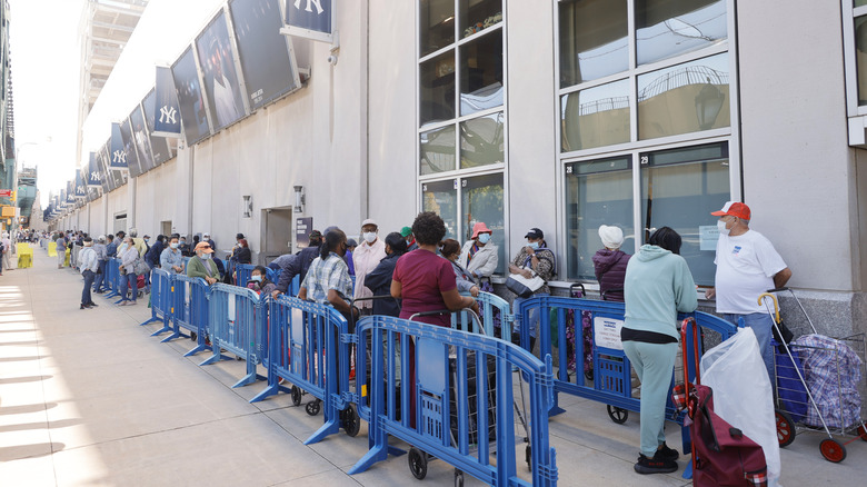 recipients lined up at a New York food bank