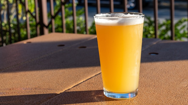 hazy IPA in a glass on a table