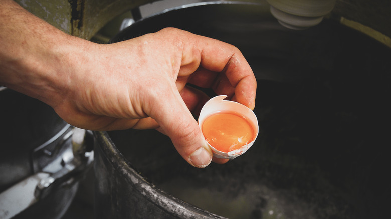 chef holding egg over pan